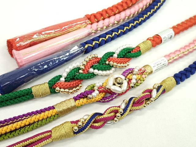 平和屋着物▼和装小物　帯締め３本セット　振袖用　飾り付き　パール　花　ピンク　緋色　鉄紺色　金糸　逸品　未使用　CABH2270ju