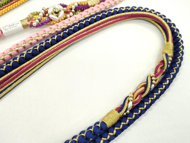 平和屋着物▼和装小物　帯締め３本セット　振袖用　飾り付き　パール　花　ピンク　緋色　鉄紺色　金糸　逸品　未使用　CABH2270ju