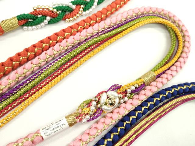 平和屋着物▼和装小物　帯締め３本セット　振袖用　飾り付き　パール　花　ピンク　緋色　鉄紺色　金糸　逸品　未使用　CABH2270ju