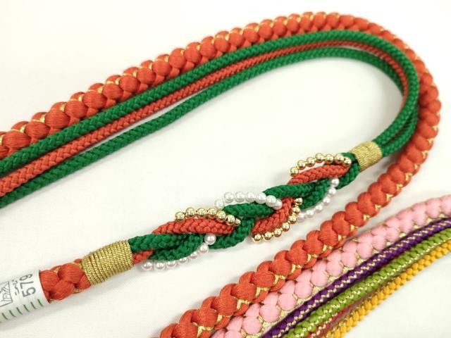 平和屋着物▼和装小物　帯締め３本セット　振袖用　飾り付き　パール　花　ピンク　緋色　鉄紺色　金糸　逸品　未使用　CABH2270ju