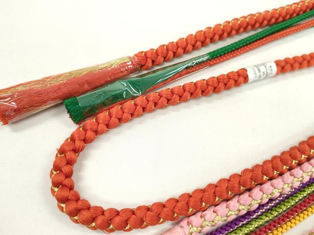 平和屋着物▼和装小物　帯締め３本セット　振袖用　飾り付き　パール　花　ピンク　緋色　鉄紺色　金糸　逸品　未使用　CABH2270ju
