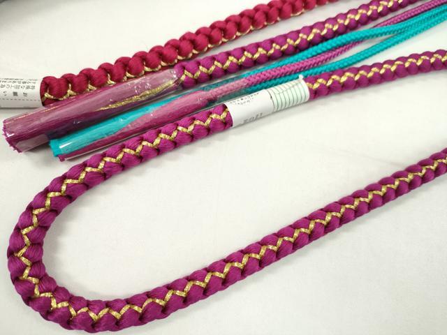 平和屋着物▼和装小物　帯締め３本セット　振袖用　飾り付き　パール　夢二浪漫　濃紅色　紫　マゼンタ　金糸　逸品　未使用　CABH2271ju