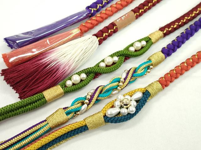 平和屋着物▼和装小物　帯締め３本セット　振袖用　飾り付き　パール　花　樺色　紫　葡萄色　金糸　逸品　未使用　CABH2272ju