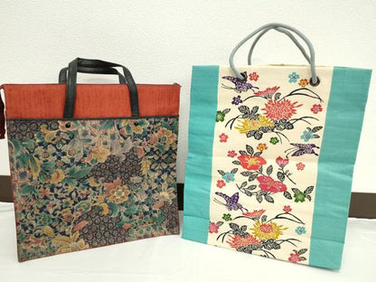 平和屋着物▼和装小物　和装バッグ　手提げバッグまとめて２点　型染め　草花蝶文　更紗花文　サブバッグ　逸品　CABH2274ju