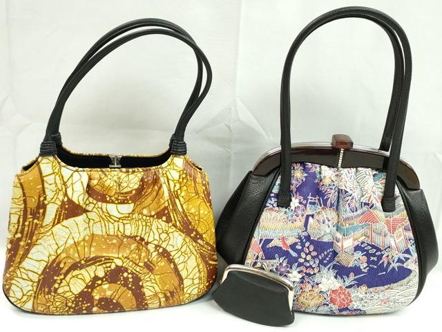 平和屋着物▼和装小物　和装バッグまとめて２点　ハンドバッグ　花鳥風景文　ミニがま口付き　未使用あり　逸品　CABH2295ju