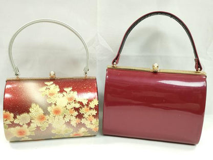 平和屋着物▼和装小物　和装バッグまとめて２点　ハンドバッグ　枝花文　濃紅×黒　エナメル　振袖　金彩　逸品　CABH2303ju