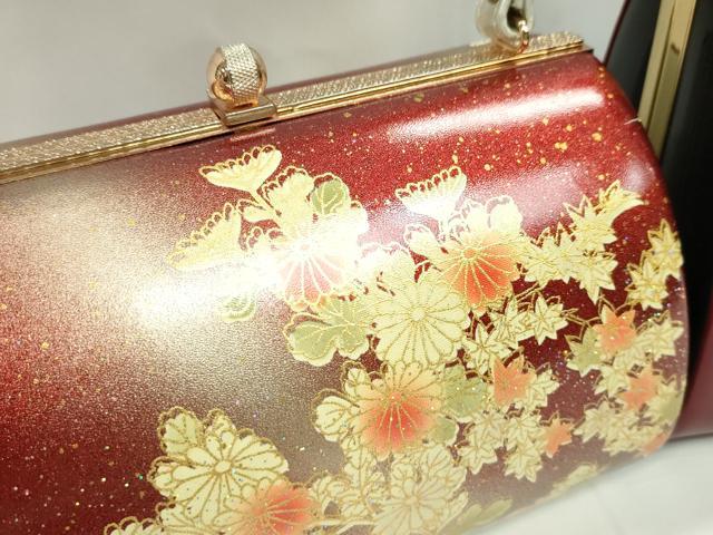 平和屋着物▼和装小物　和装バッグまとめて２点　ハンドバッグ　枝花文　濃紅×黒　エナメル　振袖　金彩　逸品　CABH2303ju