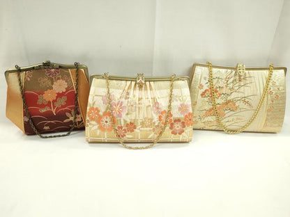 平和屋着物▼和装小物　和装バッグまとめて３点　ハンドバッグ　佐賀錦　枝松花文　籬花文　金糸　ラメ糸　逸品　CABH2366ju