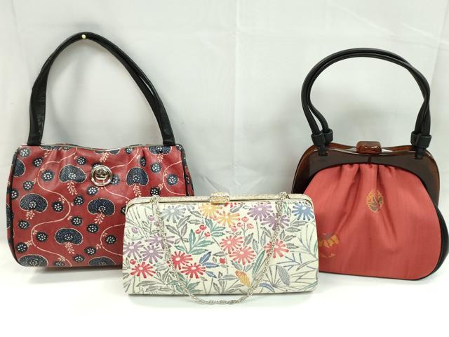 平和屋着物▼和装小物　和装バッグまとめて３点　ハンドバッグ　型染め　縮緬　紬地　鞠　草花文　逸品　CABH2372ju