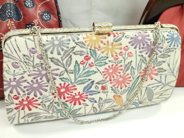 平和屋着物▼和装小物　和装バッグまとめて３点　ハンドバッグ　型染め　縮緬　紬地　鞠　草花文　逸品　CABH2372ju