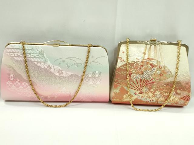 平和屋着物▼和装小物　和装バッグまとめて２点　ハンドバッグ　佐賀錦　扇面飛鶴花文　道長吉祥花文　金銀糸　逸品　CABH2374ju
