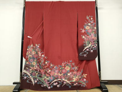 平和屋着物●豪華振袖　型染め　籬流水花鳥文　暈し染め　正絹　逸品　CABH2424ut