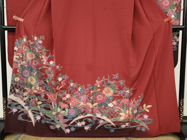 平和屋着物●豪華振袖　型染め　籬流水花鳥文　暈し染め　正絹　逸品　CABH2424ut