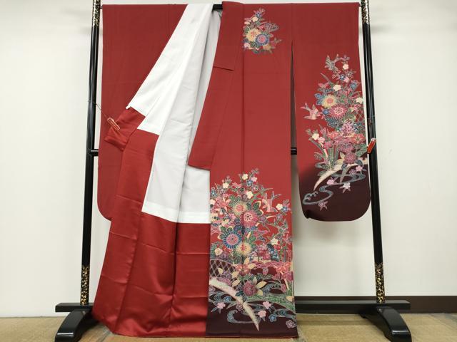 平和屋着物●豪華振袖　型染め　籬流水花鳥文　暈し染め　正絹　逸品　CABH2424ut