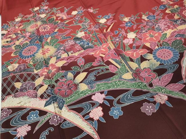 平和屋着物●豪華振袖　型染め　籬流水花鳥文　暈し染め　正絹　逸品　CABH2424ut
