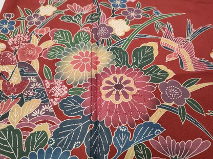 平和屋着物●豪華振袖　型染め　籬流水花鳥文　暈し染め　正絹　逸品　CABH2424ut