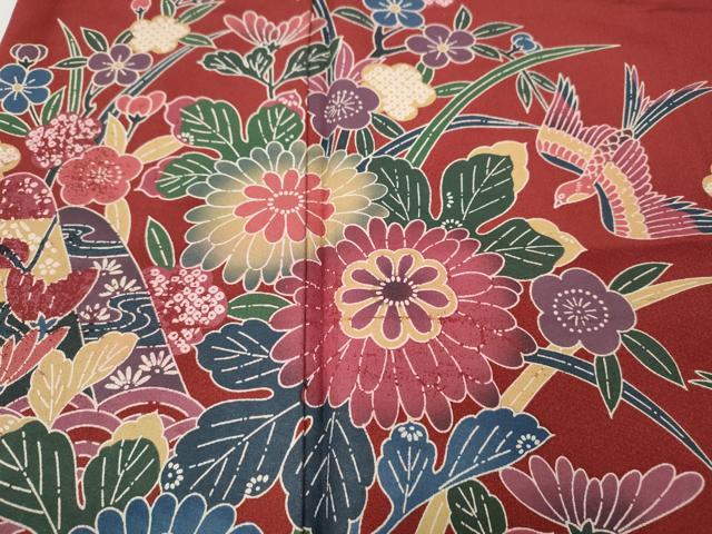 平和屋着物●豪華振袖　型染め　籬流水花鳥文　暈し染め　正絹　逸品　CABH2424ut