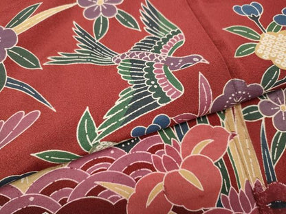 平和屋着物●豪華振袖　型染め　籬流水花鳥文　暈し染め　正絹　逸品　CABH2424ut