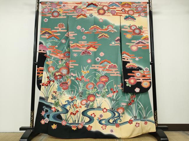 平和屋着物●豪華振袖　型染め　流水草花文　暈し染め　正絹　逸品　CABH2429ut