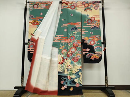 平和屋着物●豪華振袖　型染め　流水草花文　暈し染め　正絹　逸品　CABH2429ut