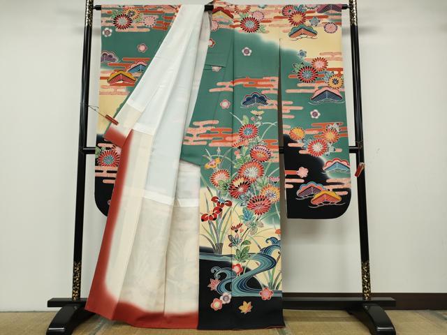 平和屋着物●豪華振袖　型染め　流水草花文　暈し染め　正絹　逸品　CABH2429ut