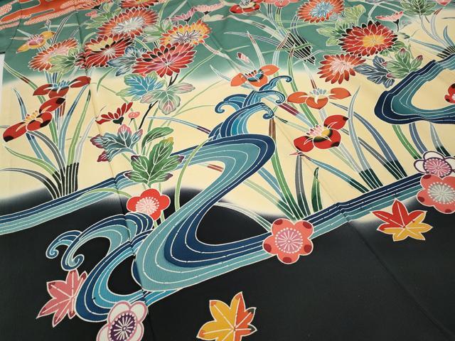 平和屋着物●豪華振袖　型染め　流水草花文　暈し染め　正絹　逸品　CABH2429ut