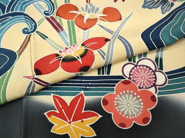 平和屋着物●豪華振袖　型染め　流水草花文　暈し染め　正絹　逸品　CABH2429ut