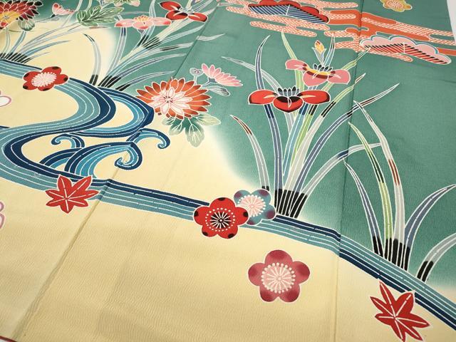 平和屋着物●豪華振袖　型染め　流水草花文　暈し染め　正絹　逸品　CABH2429ut