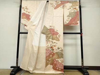 平和屋着物●訪問着　駒刺繍　絞り　道長草花文　金彩　正絹　逸品　CABH2435ut