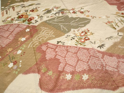 平和屋着物●訪問着　駒刺繍　絞り　道長草花文　金彩　正絹　逸品　CABH2435ut