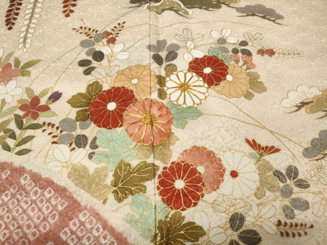 平和屋着物●訪問着　駒刺繍　絞り　道長草花文　金彩　正絹　逸品　CABH2435ut
