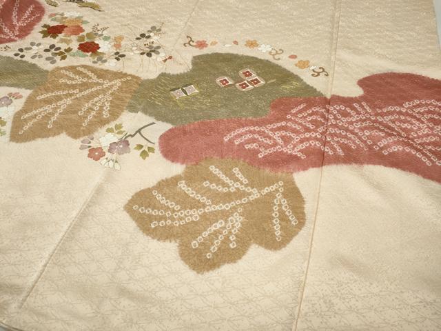 平和屋着物●訪問着　駒刺繍　絞り　道長草花文　金彩　正絹　逸品　CABH2435ut