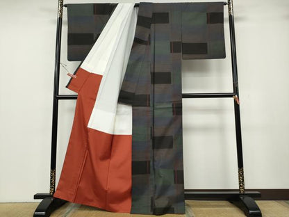 平和屋着物●本場大島紬　9マルキ　格子柄　正絹　逸品　CABH2451ut