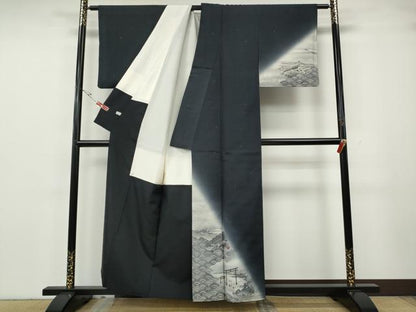 平和屋着物●訪問着　作家物　紬地　手描き　遠山鳥居人物文　正絹　逸品　CABH2469ut