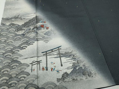 平和屋着物●訪問着　作家物　紬地　手描き　遠山鳥居人物文　正絹　逸品　CABH2469ut