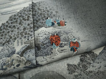 平和屋着物●訪問着　作家物　紬地　手描き　遠山鳥居人物文　正絹　逸品　CABH2469ut