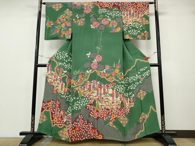 平和屋着物●和染紅型　栗山紅型　栗山吉三郎　訪問着　雲取り吉祥草花文　鬼しぼ縮緬　正絹　逸品　CABH2482ut