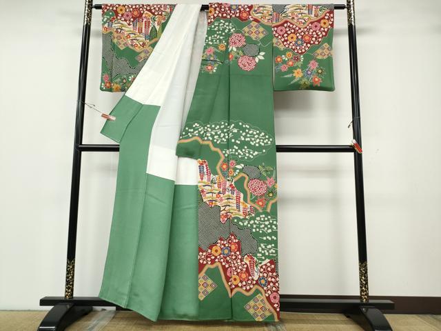 平和屋着物●和染紅型　栗山紅型　栗山吉三郎　訪問着　雲取り吉祥草花文　鬼しぼ縮緬　正絹　逸品　CABH2482ut
