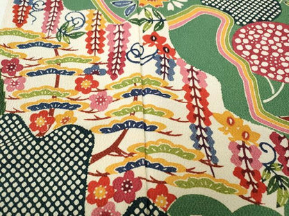 平和屋着物●和染紅型　栗山紅型　栗山吉三郎　訪問着　雲取り吉祥草花文　鬼しぼ縮緬　正絹　逸品　CABH2482ut