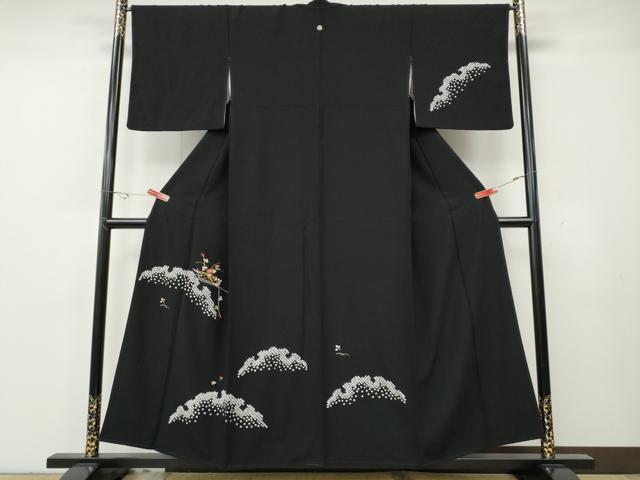 平和屋着物●訪問着　絞り　刺繍　雪芝花文　黒地　金糸　正絹　逸品　CABH2489ut
