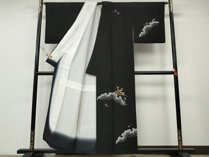 平和屋着物●訪問着　絞り　刺繍　雪芝花文　黒地　金糸　正絹　逸品　CABH2489ut