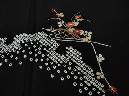 平和屋着物●訪問着　絞り　刺繍　雪芝花文　黒地　金糸　正絹　逸品　CABH2489ut