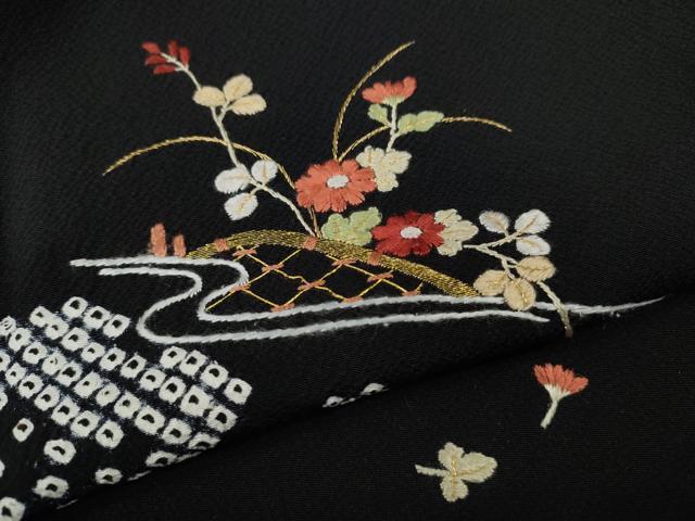 平和屋着物●訪問着　絞り　刺繍　雪芝花文　黒地　金糸　正絹　逸品　CABH2489ut