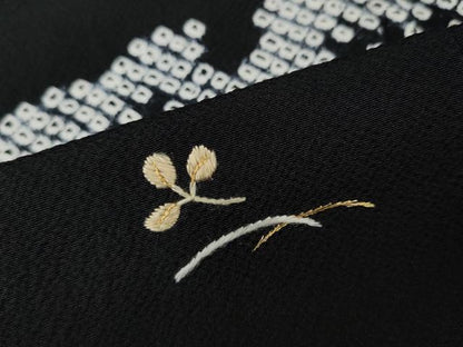 平和屋着物●訪問着　絞り　刺繍　雪芝花文　黒地　金糸　正絹　逸品　CABH2489ut
