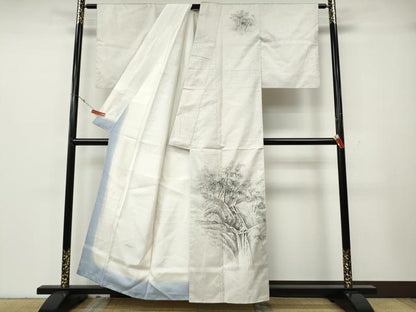 平和屋着物●訪問着　本場染大島紬　白大島　7マルキ　手描き　刺繍　滝　笹竹文　正絹　逸品　CABH2497ut