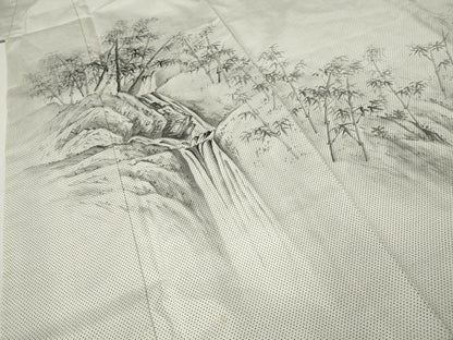 平和屋着物●訪問着　本場染大島紬　白大島　7マルキ　手描き　刺繍　滝　笹竹文　正絹　逸品　CABH2497ut