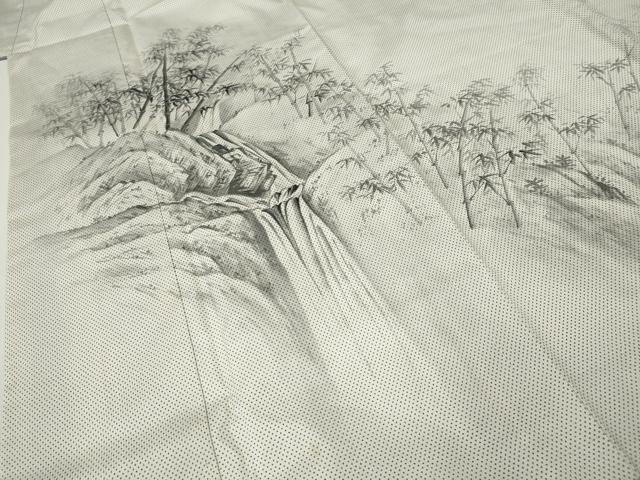 平和屋着物●訪問着　本場染大島紬　白大島　7マルキ　手描き　刺繍　滝　笹竹文　正絹　逸品　CABH2497ut