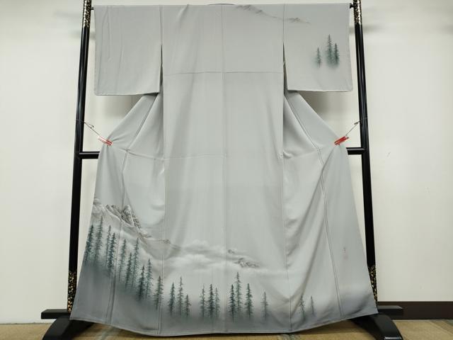 平和屋着物●日本画家　水嶋征夫　訪問着　手描き　遠山樹林文　暈し染め　まるやま扱い　正絹　逸品　CABH2500ut