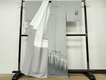 平和屋着物●日本画家　水嶋征夫　訪問着　手描き　遠山樹林文　暈し染め　まるやま扱い　正絹　逸品　CABH2500ut