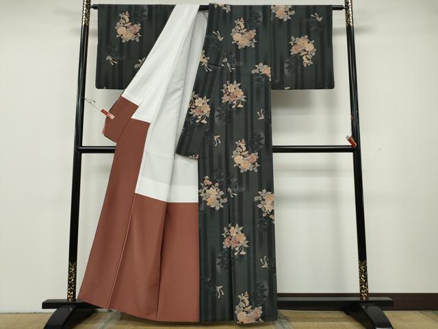 平和屋着物●小紋　舞花文　シルエット　工芸染織小いけ扱い　洗える着物　CABH2510ut